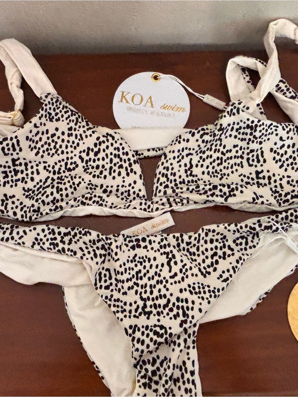 KOA Swim Cream & Black Printed Bikini Top